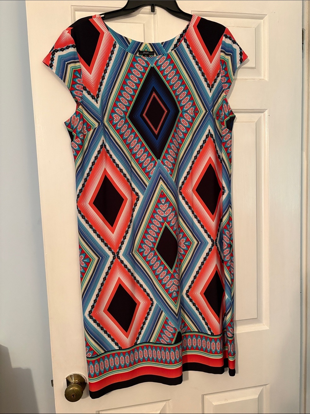 R&K Geometric Midi Dress in Coral, Blue & Black